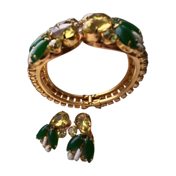 Vintage 1950's Yellow and Green Rhinestone Clamper Bracelet and Earrings - Picture 7 of 9